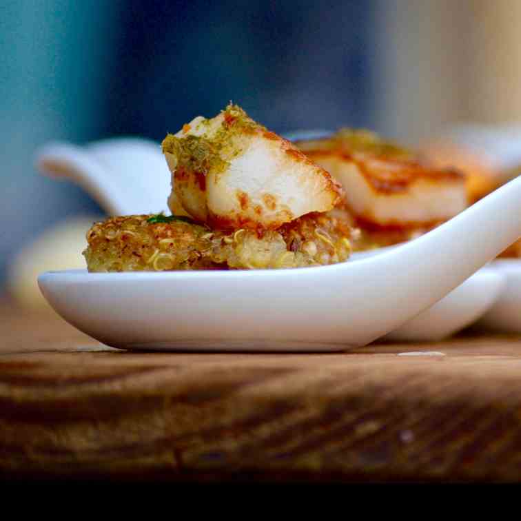 Seared scallop on Asian shrimp quinoa cake