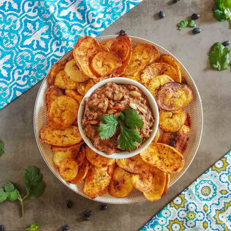 Spicy Black Bean Dip with Plantain Chips