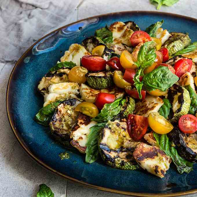 Grilled halloumi and summer squash Caprese