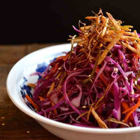 Red Cabbage Salad w/ Crispy Spring Onions