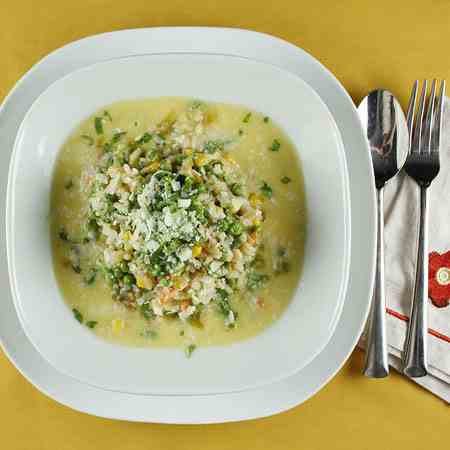 Sweet Pea Risotto with Corn Broth