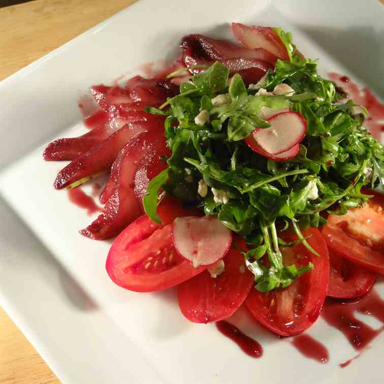 Poached Pear Port Wine and Arugula Salad