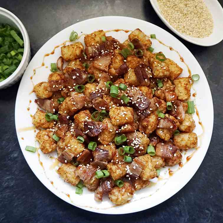Asian pork belly loaded tater tots
