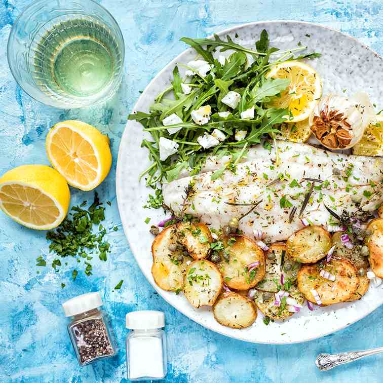 Oven-roasted barramundi with herby potatoe