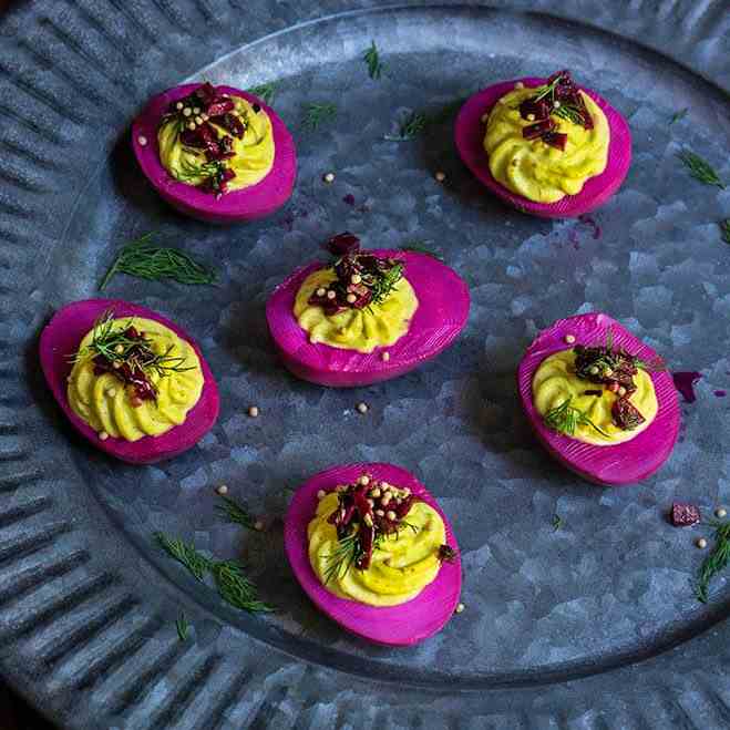 Beet-pickled curry deviled eggs