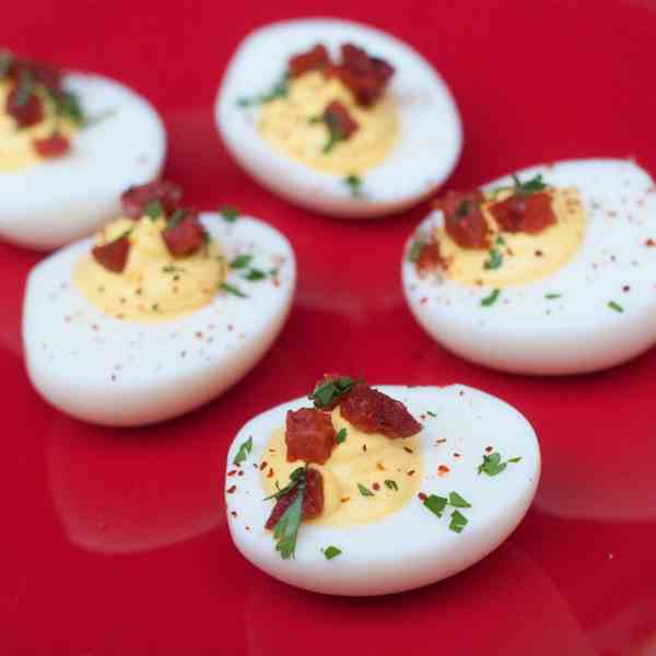 Devilled eggs with chorizo