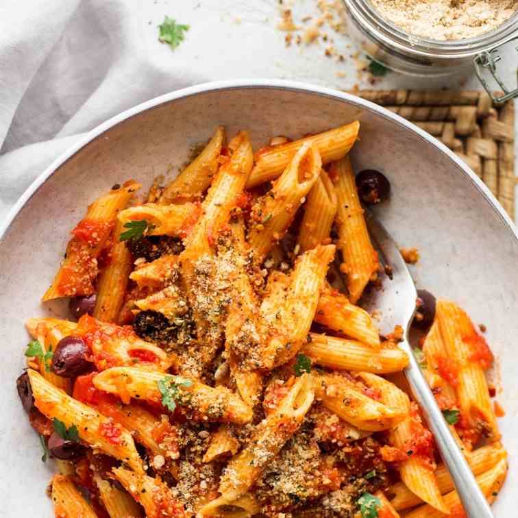 Pasta arrabbiata with nut-free vegan parme