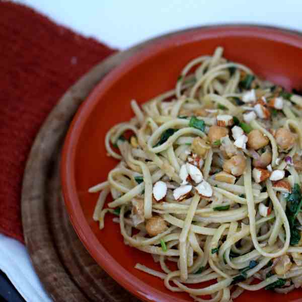 Linguine with Greens, Almonds and Chickpea