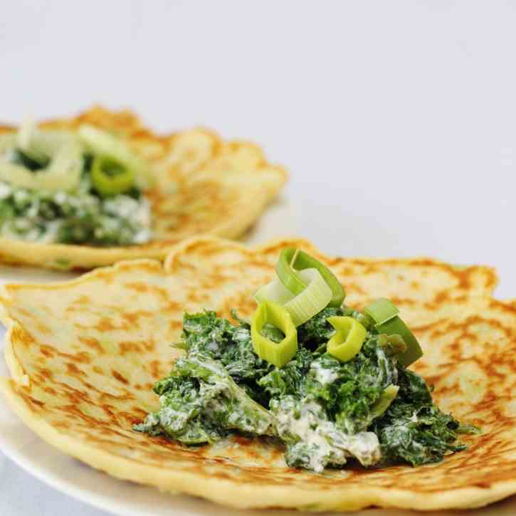 Leek pancakes with spinach kale and ricott