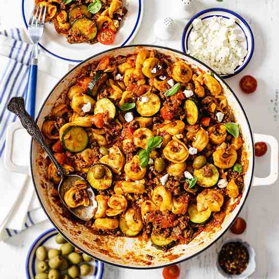 Greek Beef and Cheese Tortellini Skillet