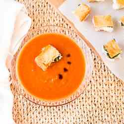 Tomato Basil Soup with Caprese Croutons