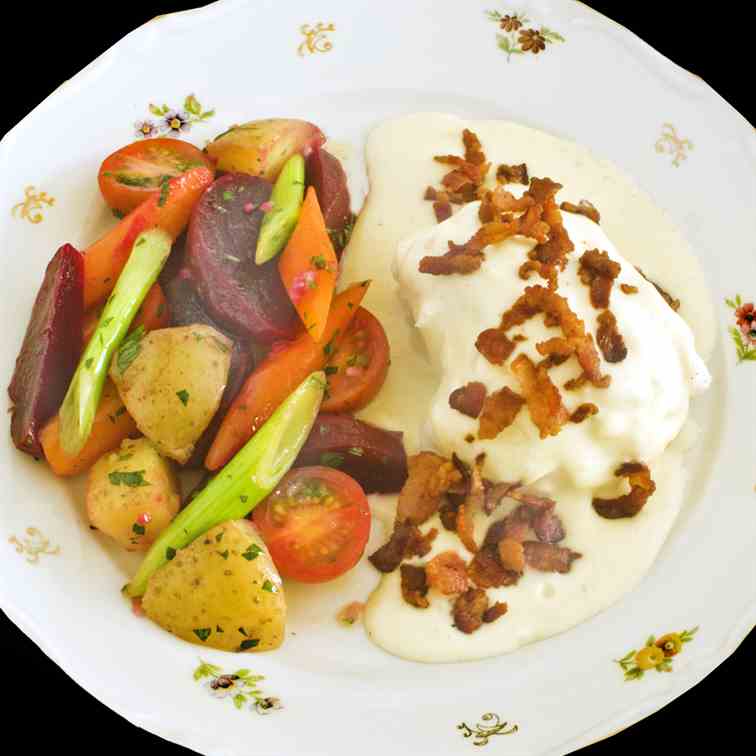 Steamed Cod, Fall salad and Bacon Bits