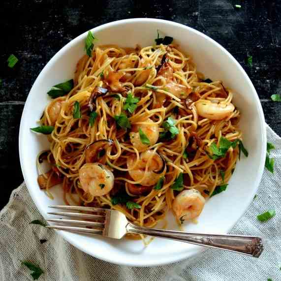 SOY BUTTER PASTA WITH SHRIMP AND SHIITAKES
