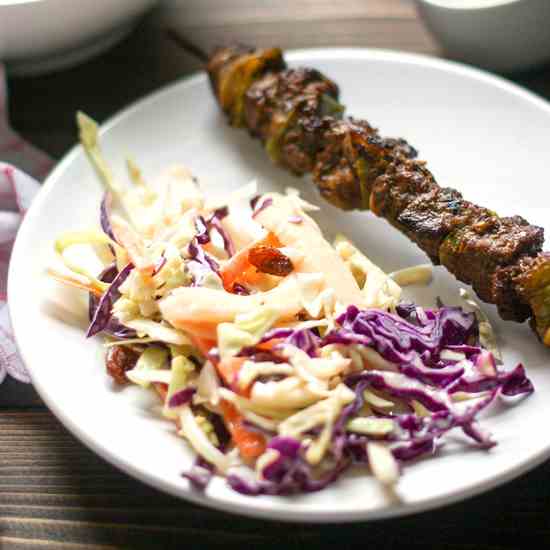 Jerk Beef Kabobs with Sunshine Slaw