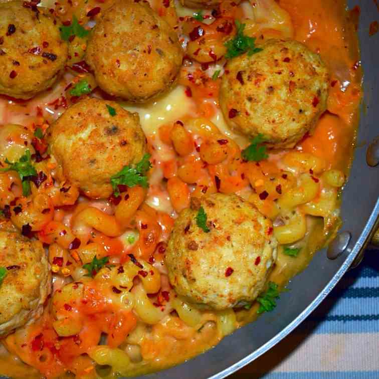 Spicy Meatballs Mac and Cheese Bake