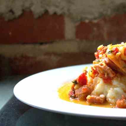 Shrimp with Audouille and Hominy Grits