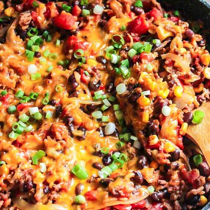 Cheesy Mexican Beef and Rice with Beans