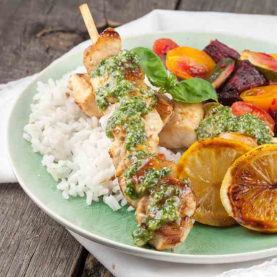 Lemon chicken with rice and pesto