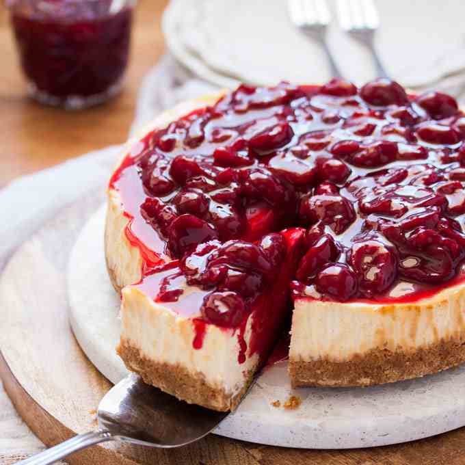 Easy Baked Cheesecake - Fresh Cherry Sauce