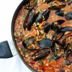 Spelt Tomato Soup with Pancetta & Mussels