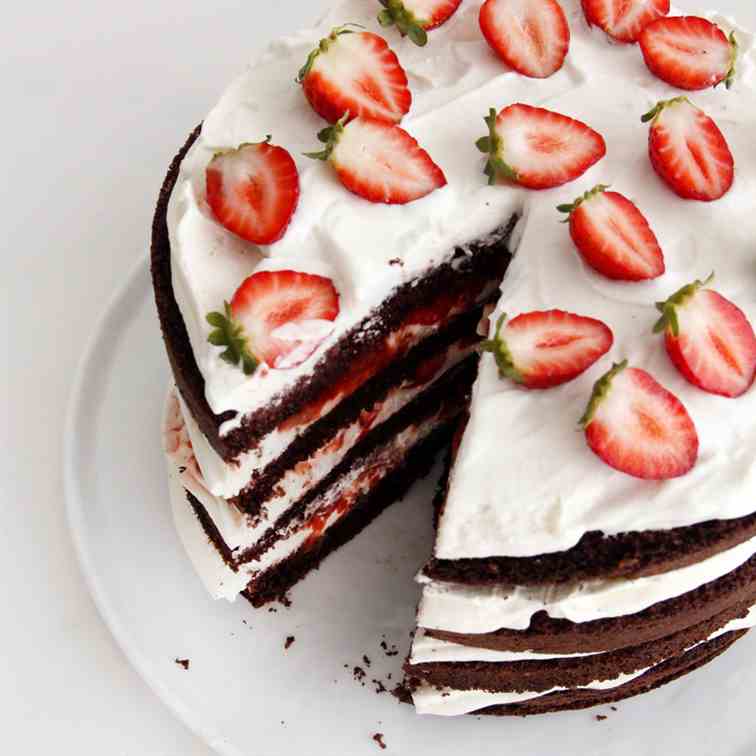 Chocolate, Cream and Strawberry Layer Cake