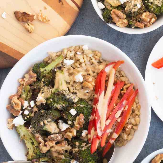 Roasted Broccoli Barley Bowls with Tahini 