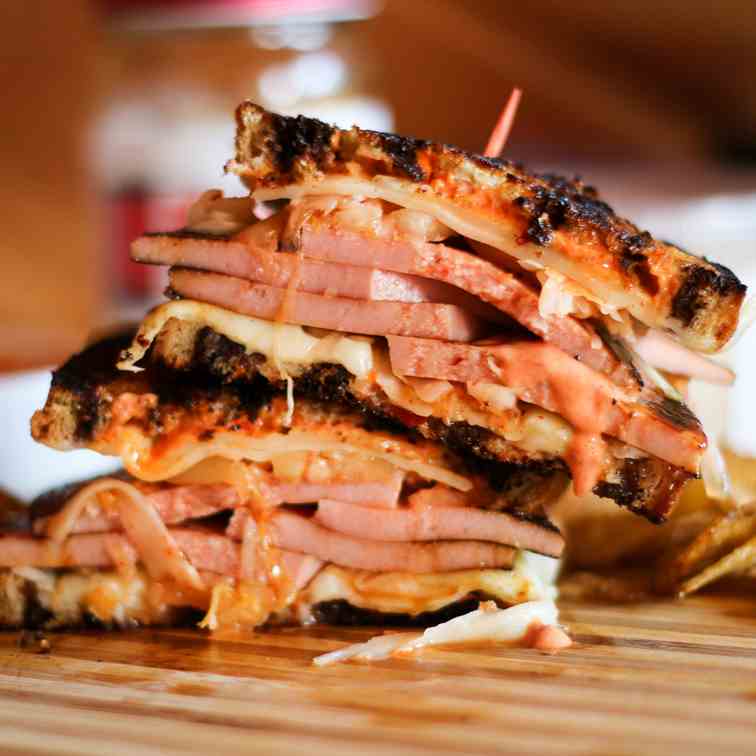 Pan-Fried Bologna Reuben w- Spicy Kimchi