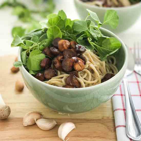 Pasta with Vegan Scallops, Sauce Alfredo a