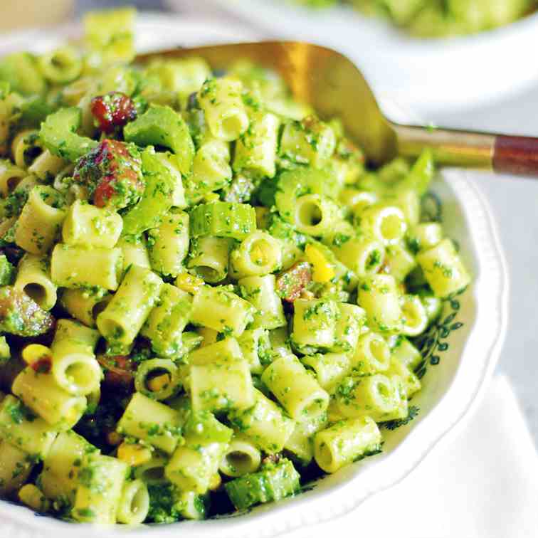 Roasted Corn Pancetta Pesto Pasta Salad