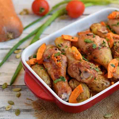 Chicken baked with pumpkin and potatoes