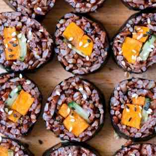 Miso-glazed sweet potato sushi