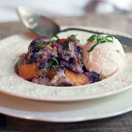 Peach Blueberry Basil Cobbler