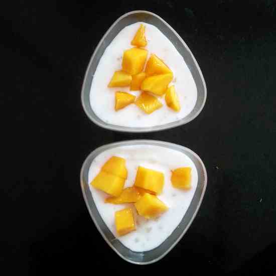 Sabudana coconut milk pudding with mangoes