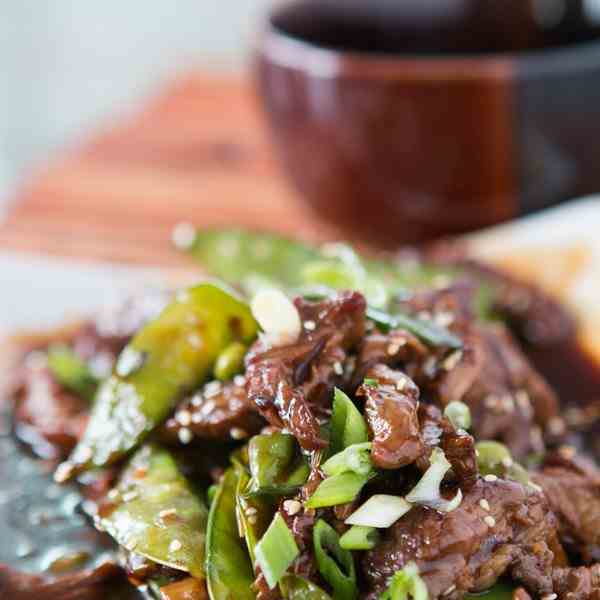 beef with snow peas and edamame