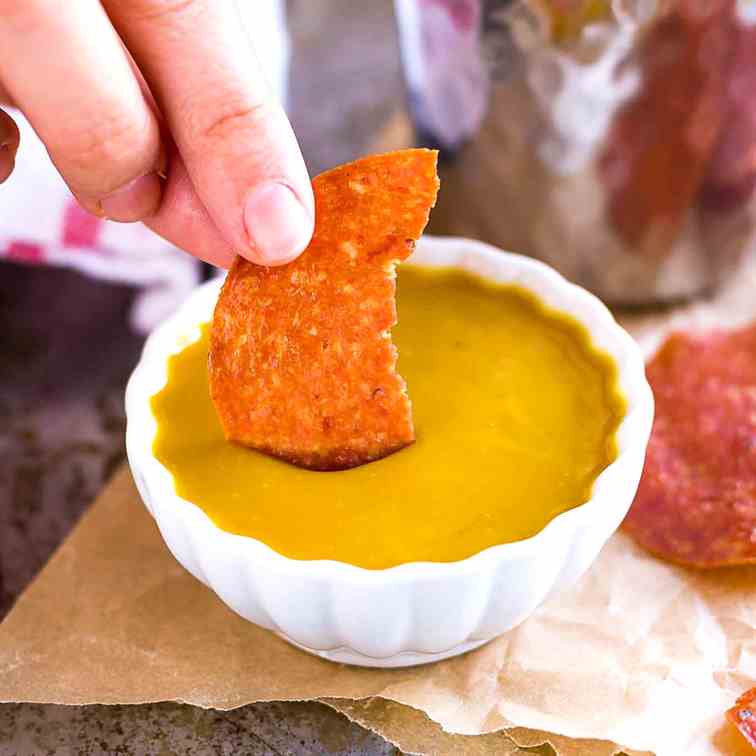 Salami Chips with a Honey Mustard Dipping