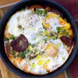 Eggs, Chorizo & Tomatoes in a Skillet