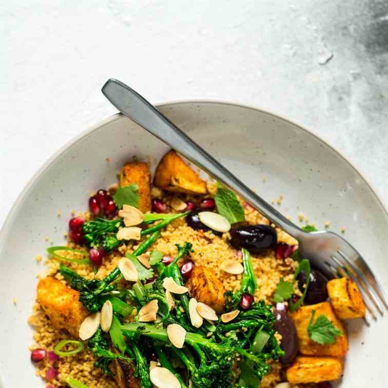 Vegan couscous salad with roasted parsnips