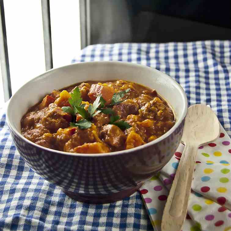 Mediterranean onion-squash & sausage soup