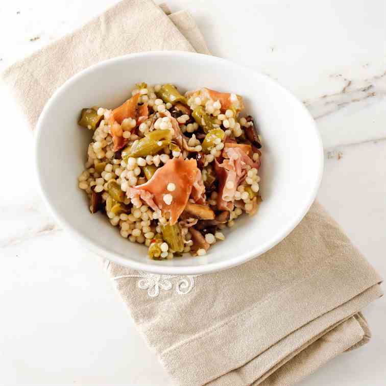 Israeli Couscous w mushrooms & prosciutto