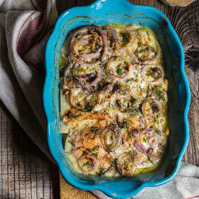 Celery root and smoked salmon gratin