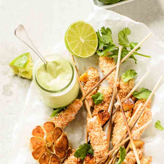 Sesame Prawn Skewers With Rocket and Roast