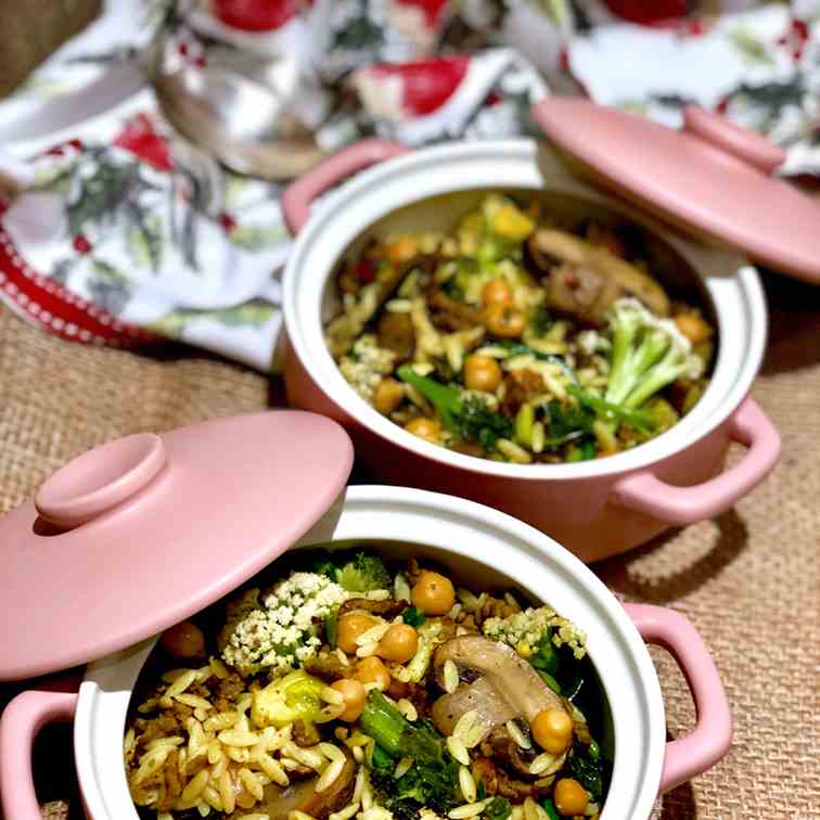 Curried orzo, beef,  and  cauliflower