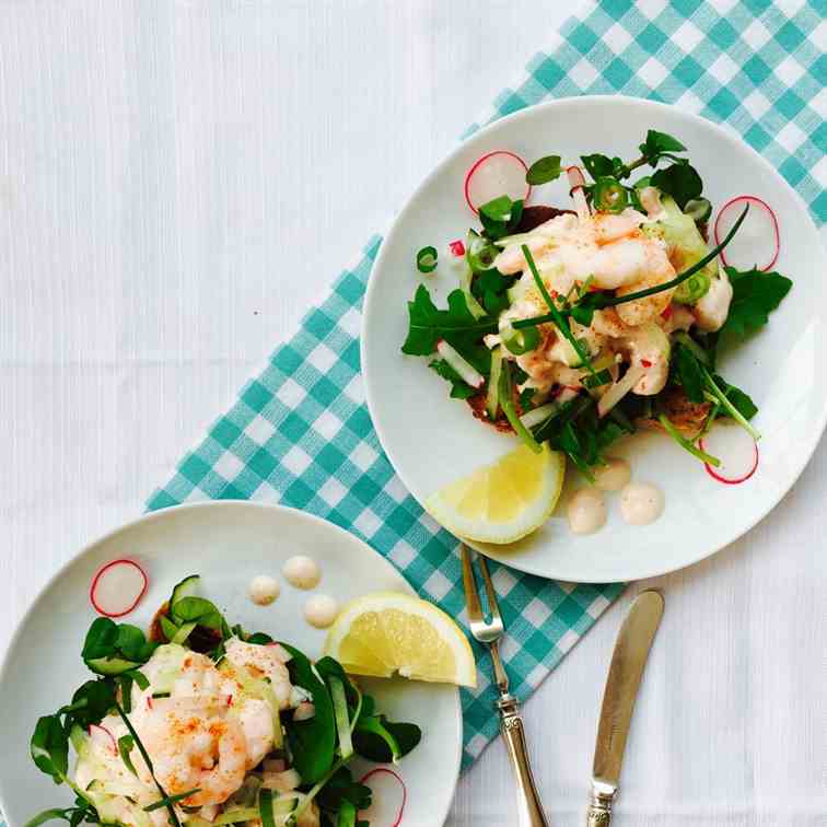 Prawn and cucumber open sandwich