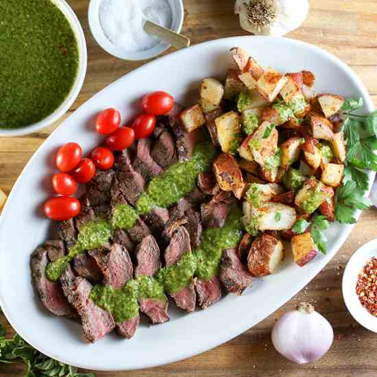Grilled steak & potatoes with chimichurri