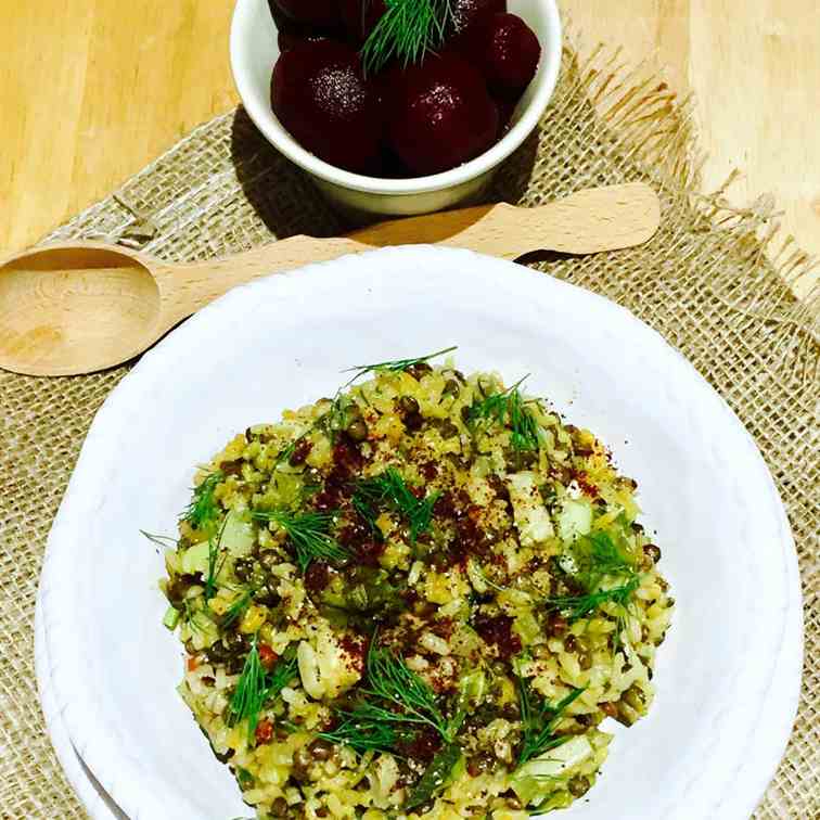 Truffle, mushroom, rice and lentil pilaf