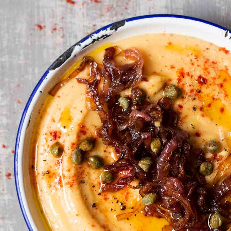 Greek fava with caramelised onions