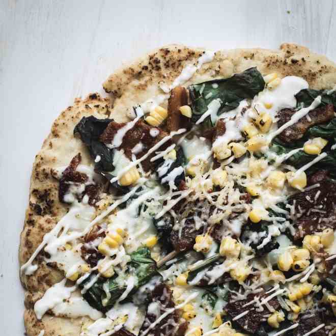 Swiss Chard, Bacon, and Corn Pizza