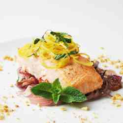 Poached Salmon with red onion and hazelnut