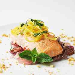 Poached Salmon with red onion and hazelnut