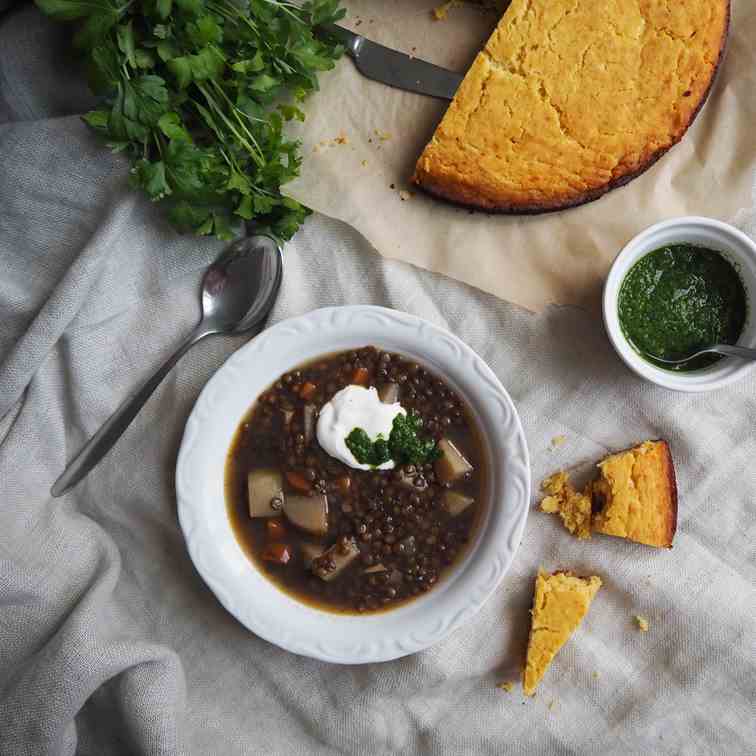 Puy Lentil Soup With Parsley-Mint Sauce